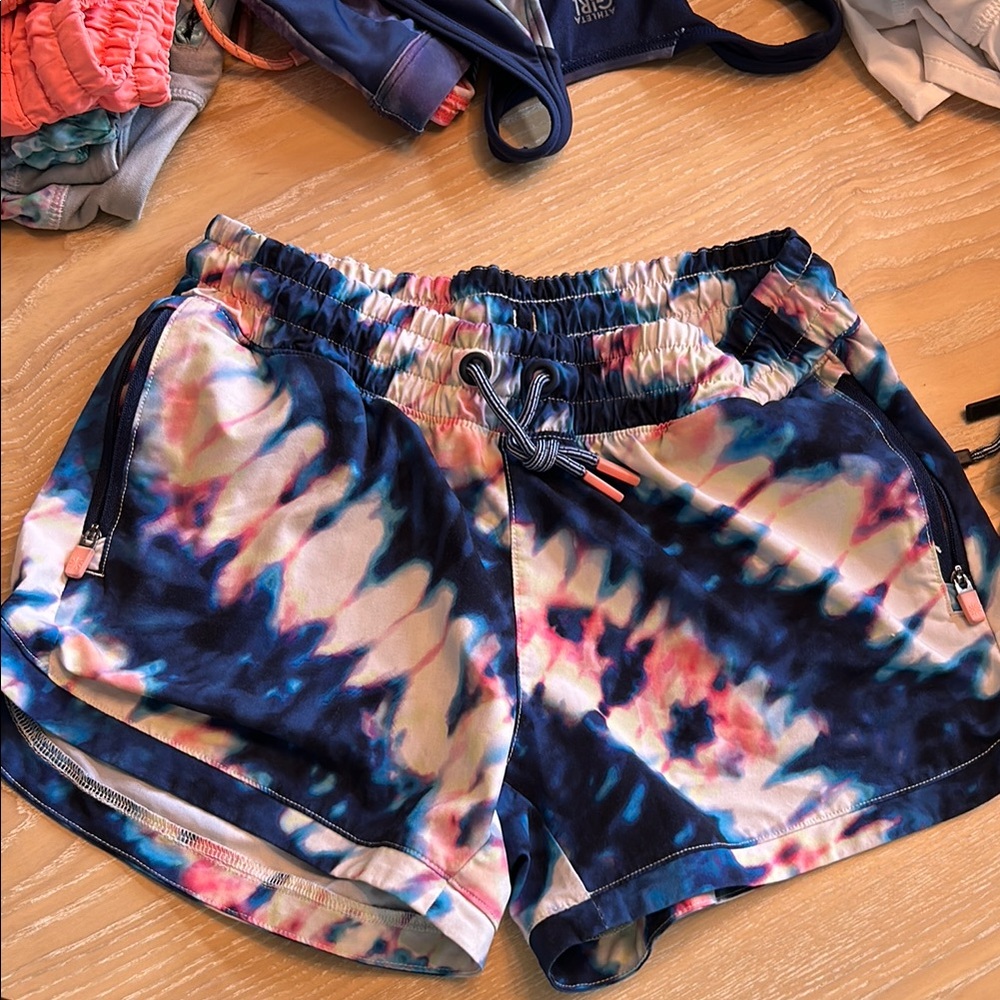 Athleta Blue and Pink Athletic Shorts with Tie-Dye Design